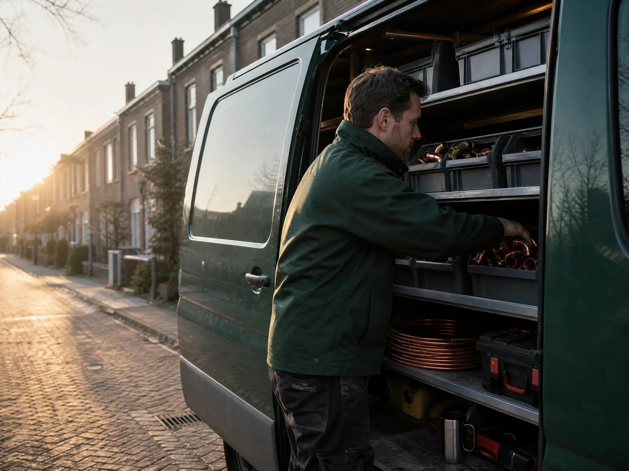 Vroeg in de ochtend pakt een monteur een koperen bocht uit een bak in de open zijdeur van een donkergroene bus