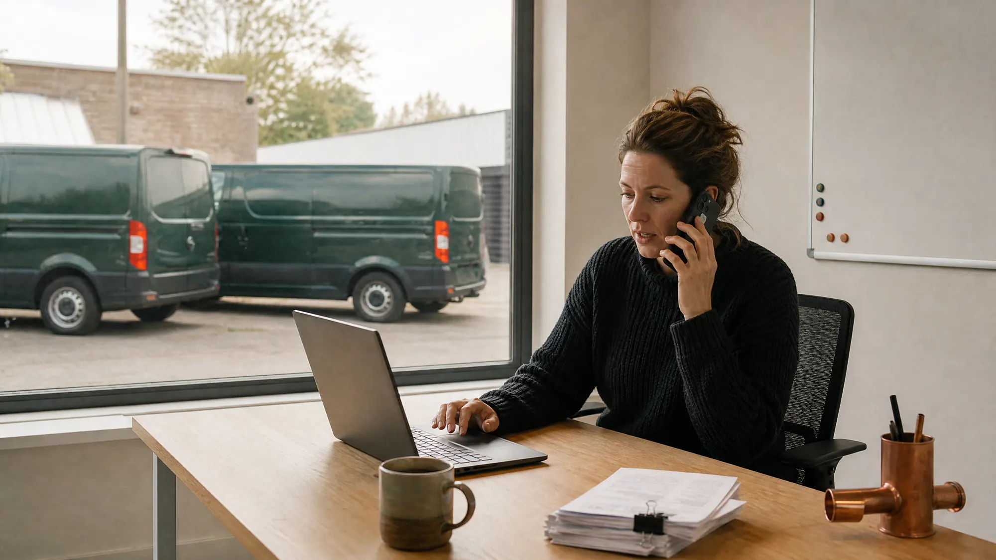 Een planner belt aan haar bureau met een laptop open, buiten het raam staan twee donkergroene bedrijfsbussen