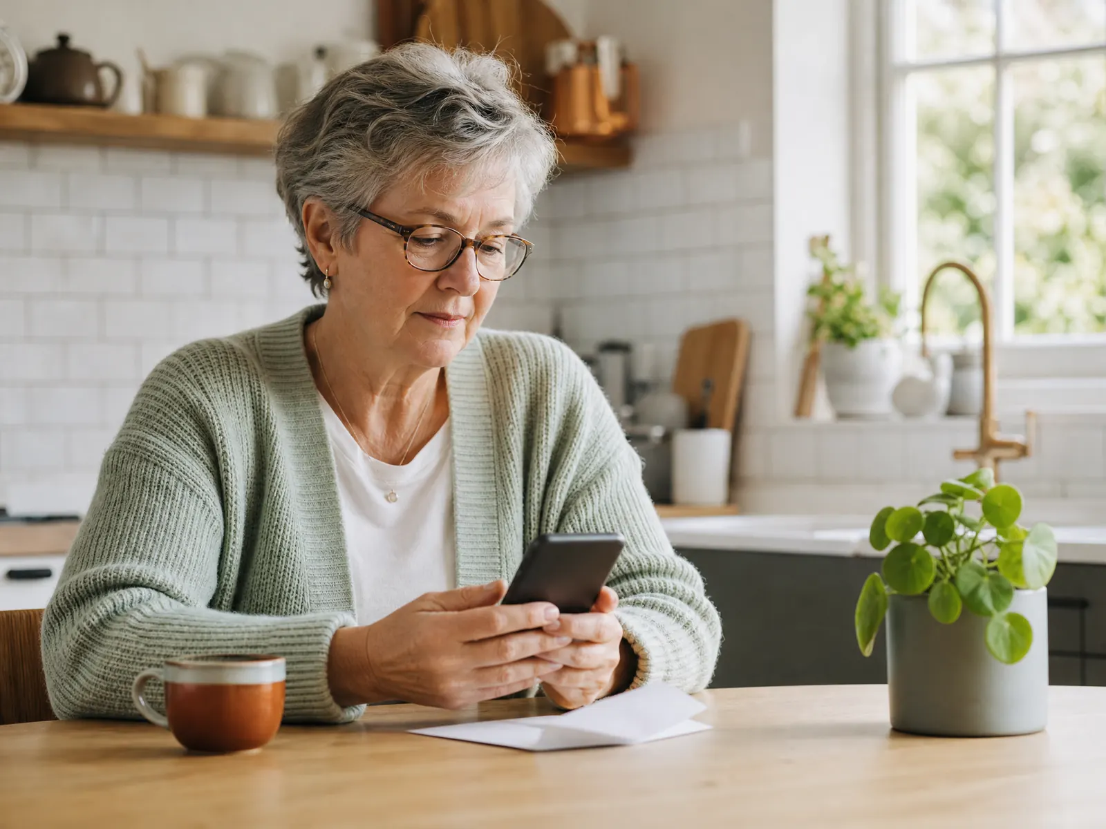 Een oudere vrouw leest aan haar keukentafel een bericht op haar telefoon, met een kop thee en een opengevouwen brief voor zich