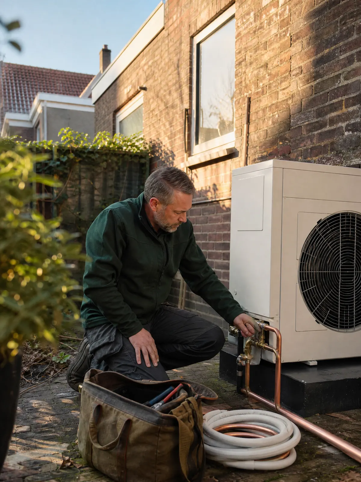 Een monteur zit geknield bij de buitenunit van een warmtepomp tegen een bakstenen achtergevel en sluit de koperen leidingen aan