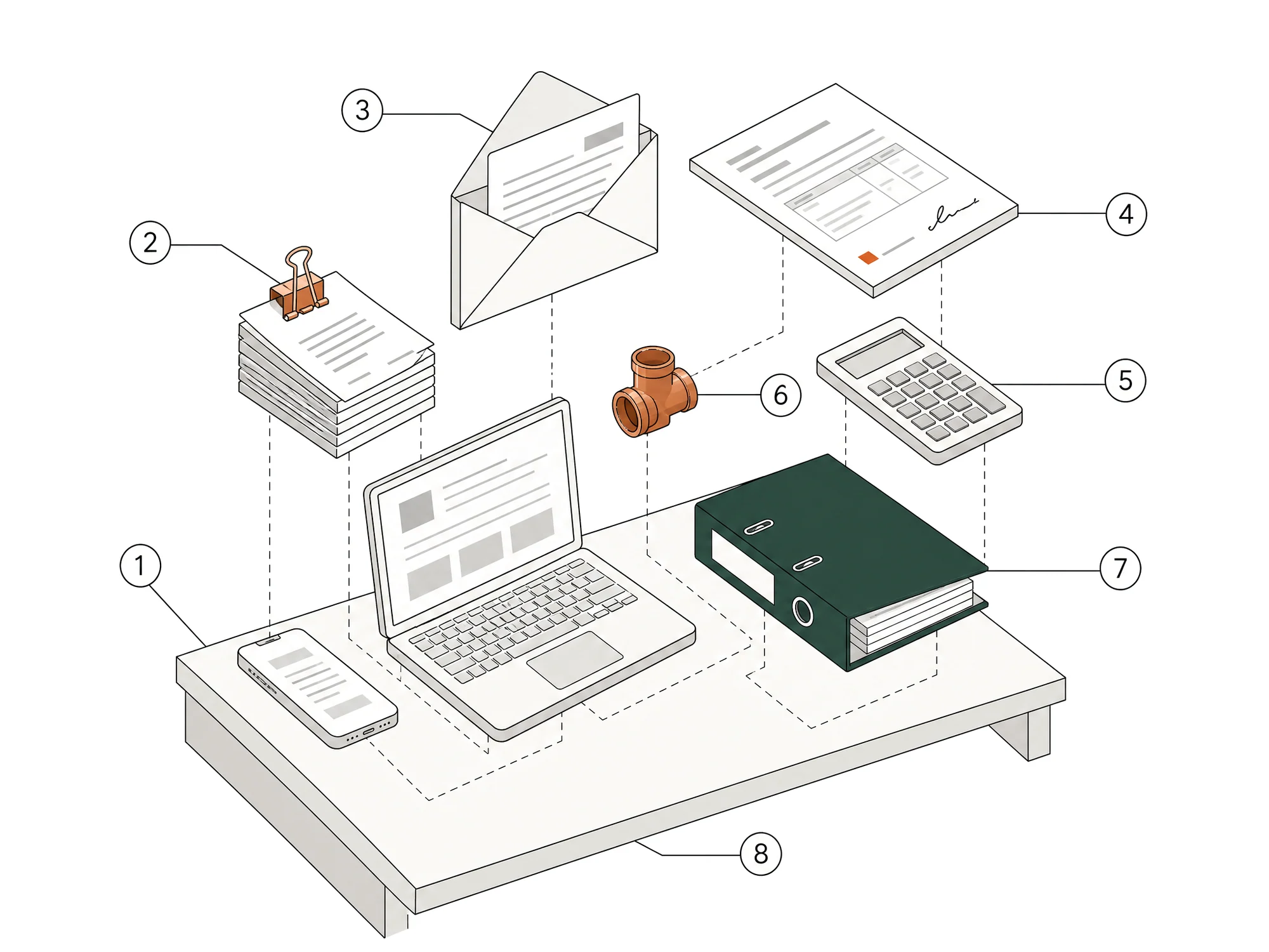Isometrische opengewerkte tekening van een bureau met telefoon, bonnen, post, een getekende offerte, een rekenmachine, een fitting en een ordner