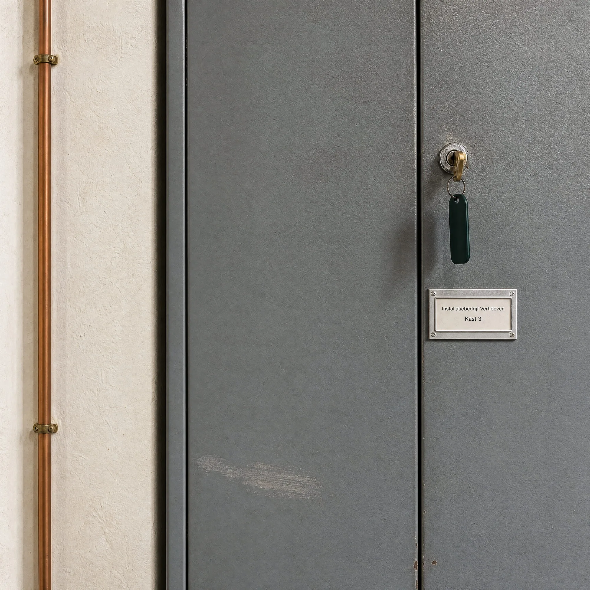 Een grijze stalen kast met één sleutel in het slot en een naamkaartje van Installatiebedrijf Verhoeven, naast een koperen leiding